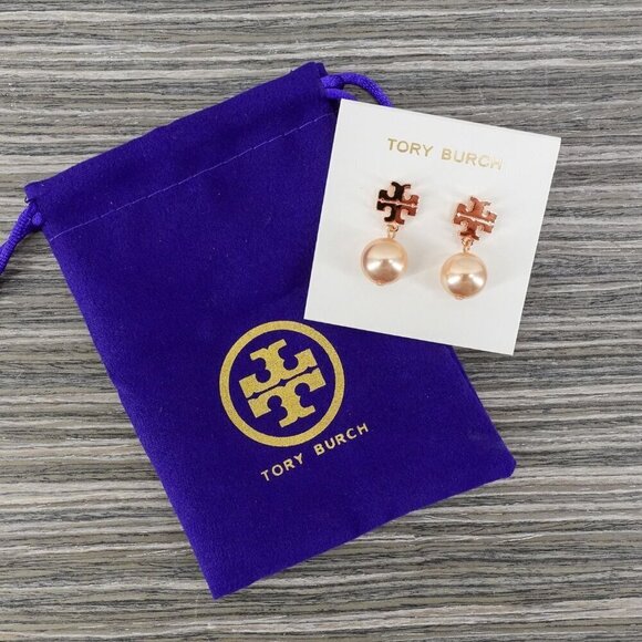 Tory Burch Faux Pearl Logo Drop Earrings Rose Gold OS - Picture 12 of 12